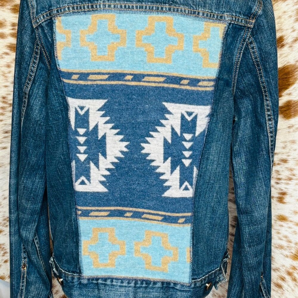OOAK UpCycled western jean jacket with blue Aztec print wool - SM